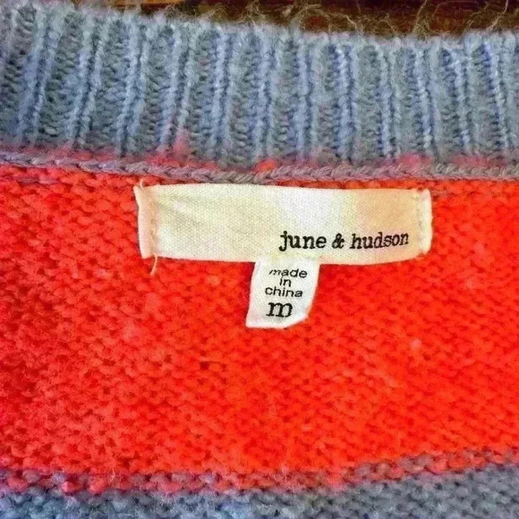 June And Hudson Womens V-Neck Sweater Blue Color Pink Block Long Sleeve Bishop M - Picture 8 of 9